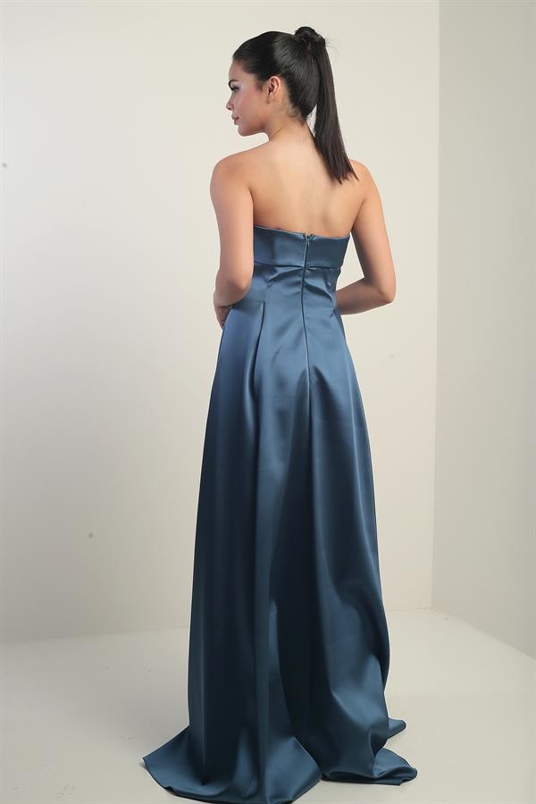 Women's Strapless Lined Long Satin Evening Dress with Pockets