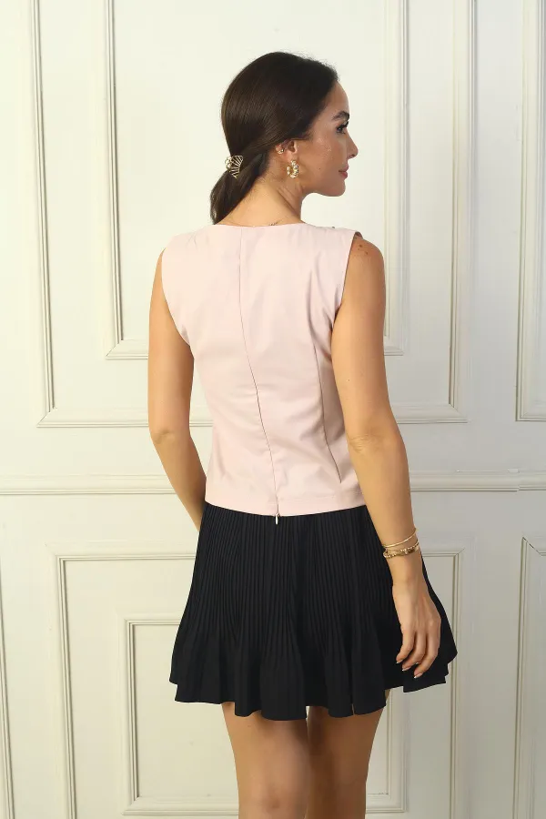 Blouse with Piped Neckline and Zipper Back