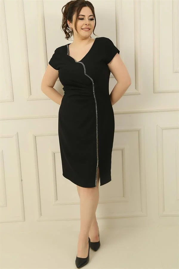 Women's Plus Size Crepe Dress with Rhinestone Embellishment, Lined Front, and Gathered Detail