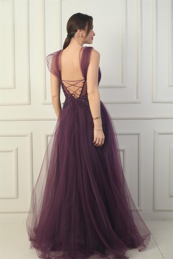 Robe de soirée princesse pour femme, décolleté en V devant et dos, manches tombantes doublées et broderie appliquée sur le haut