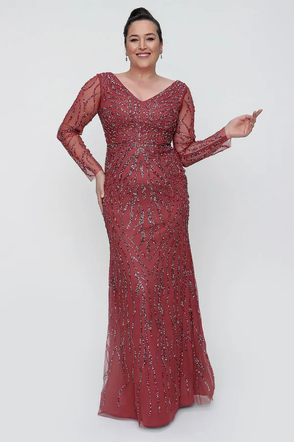 Front Back V Neck Sleeves Tulle Lined Stoned Long Plus Size Dress