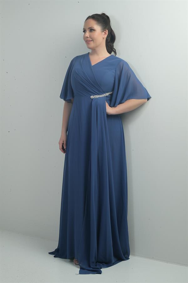 Women's V-Neck, Waistband with Stone Embellishment, Draped, Lined, Plus Size Long Chiffon Dress
