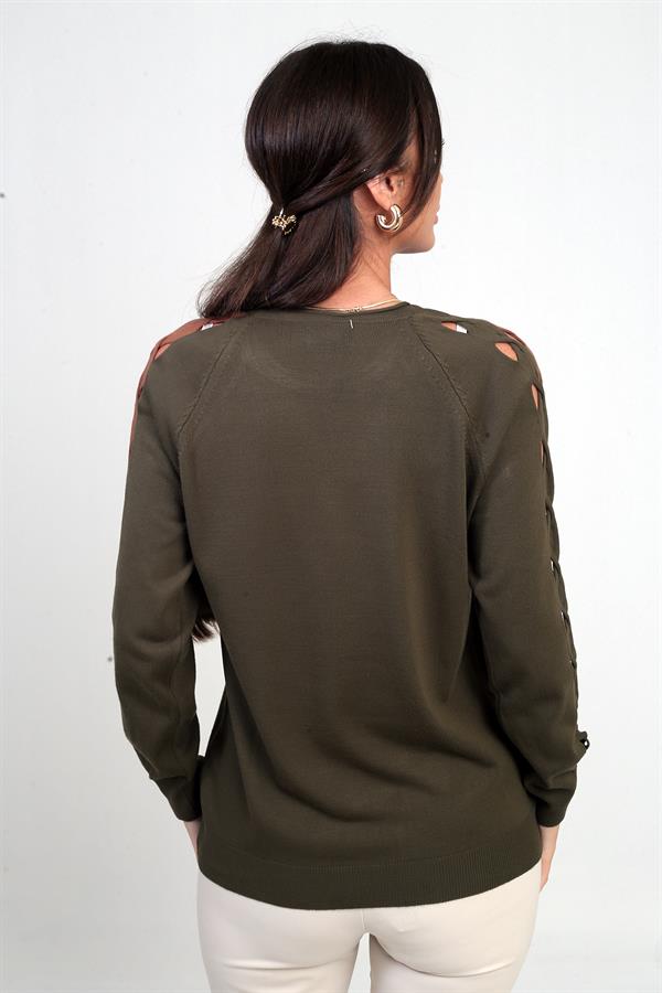 Kadın Kolu Şerit Dekolteli Triko Bluz