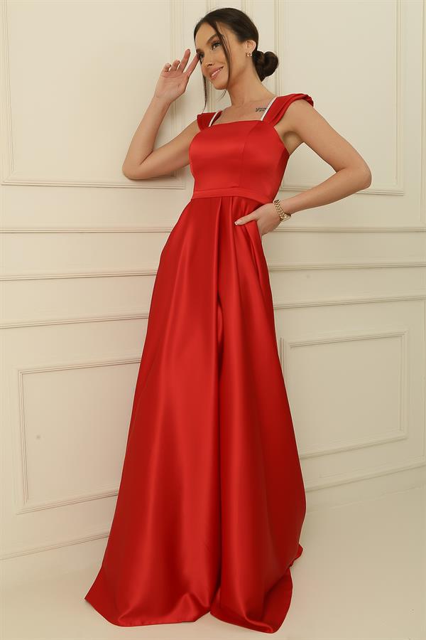 Askılı Taş Detaylı Kare Yaka Astarlı Uzun Saten Elbise