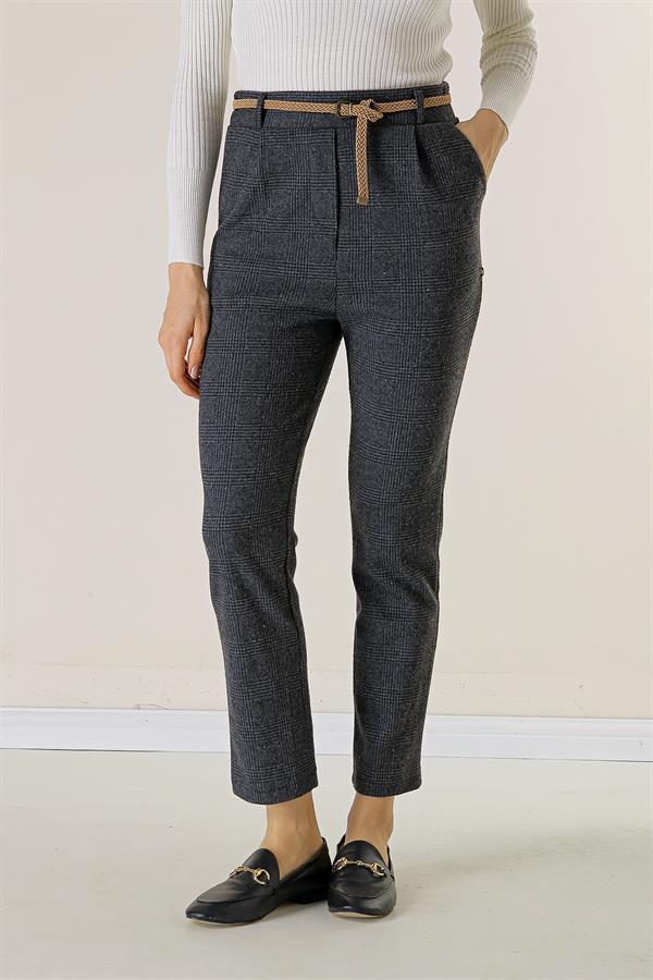 Bel Lastikli Kemerli Yandan Cepli Ekose Dar Paça Pantolon