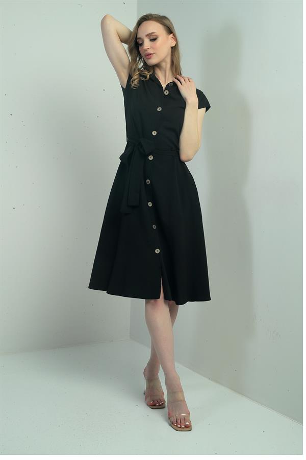 Women's Button-Front Belted Shirt Collar Short-Sleeve Dress