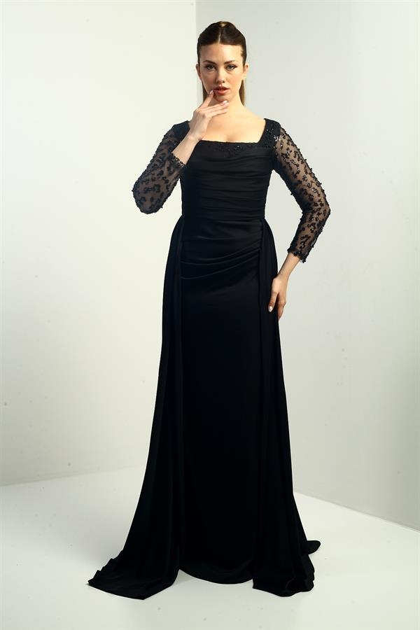 Robe de soirée longue en crêpe satin pour femme, col carré, doublée, manches perlées, corps large