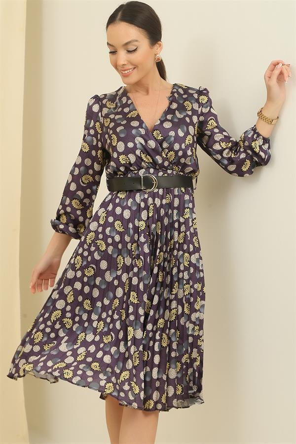 Wrap Neck, Belted Waist, Lined, Shawl Patterned Pleated Satin Dress