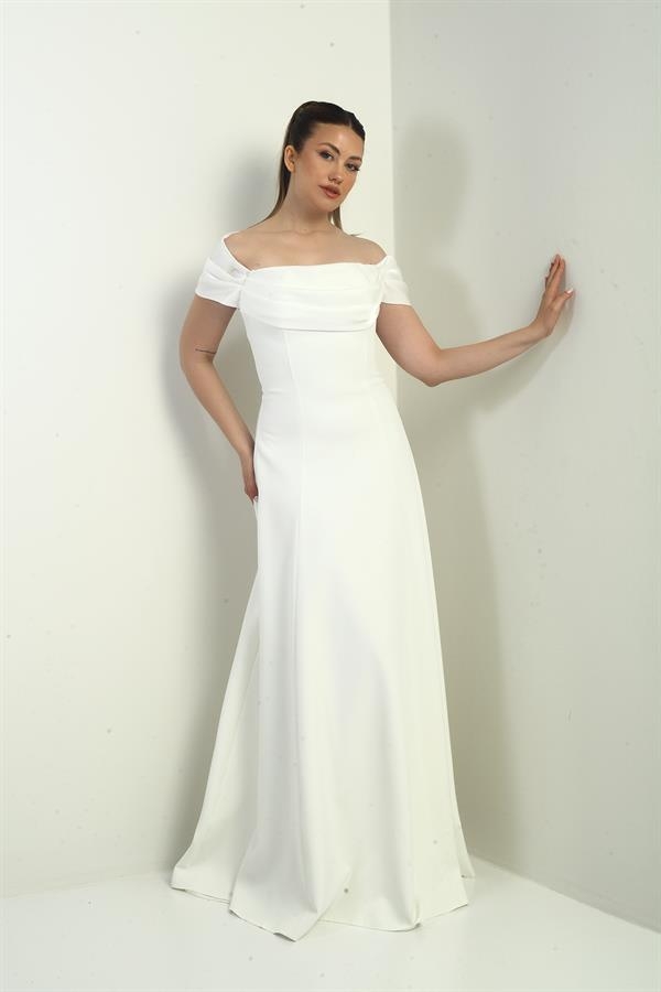 Straplez Kloş Telalı Astarlı Uzun Krep Abiye Elbise