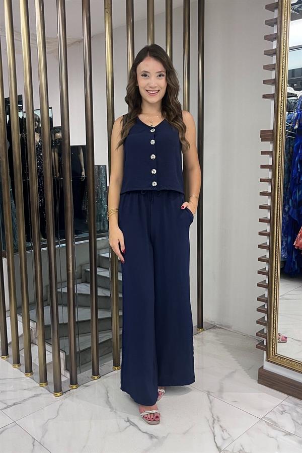 Women's V-Neck Button-Front Blouse, Elastic Waist, Pocketed Palazzo Pants Ayrobin 2-Piece Set