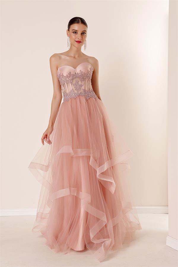 Long, Layered Tulle Taffeta Evening Dress with Beaded Embellishments