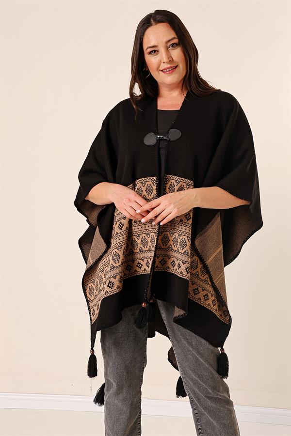 Etnik Desenli Kemik Düğmeli Püsküllü Panço