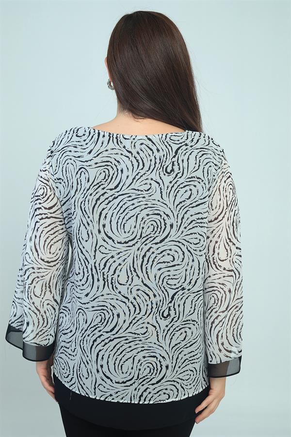 Kadın V Yaka Desenli Büyük Beden Şifon Bluz