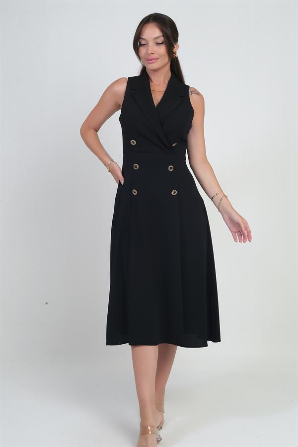 Kadın Kruvaze Yaka Astarlı Çift Yırtmaçlı Düğme Detaylı Midi Krep Elbise