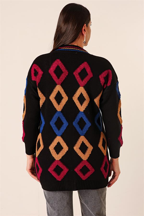 Oversize Havlu Baklava Desen Uzun Triko Hırka