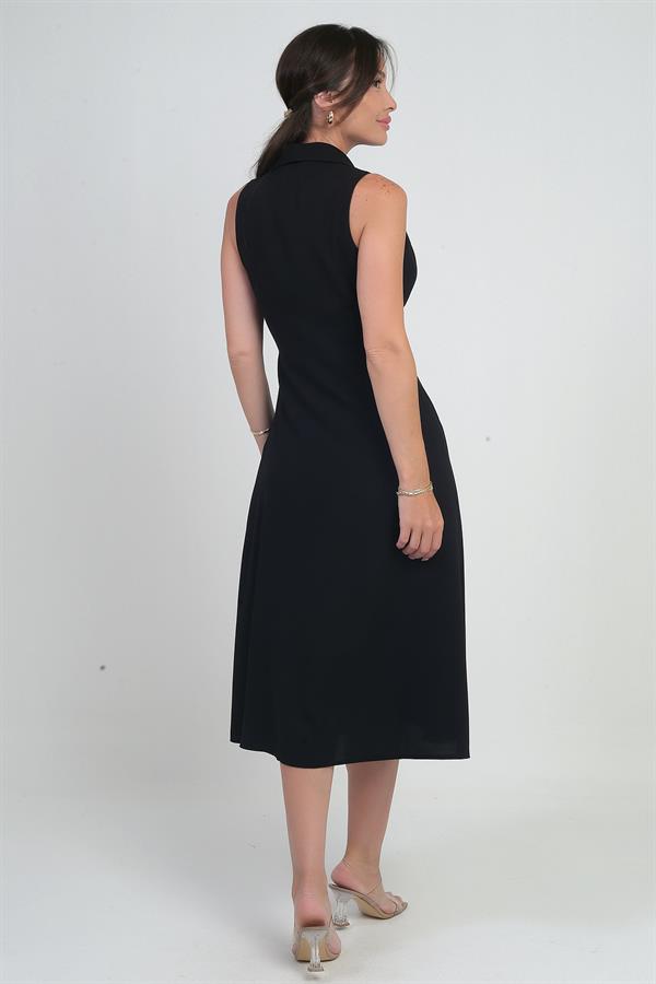 Kadın Kruvaze Yaka Astarlı Çift Yırtmaçlı Düğme Detaylı Midi Krep Elbise