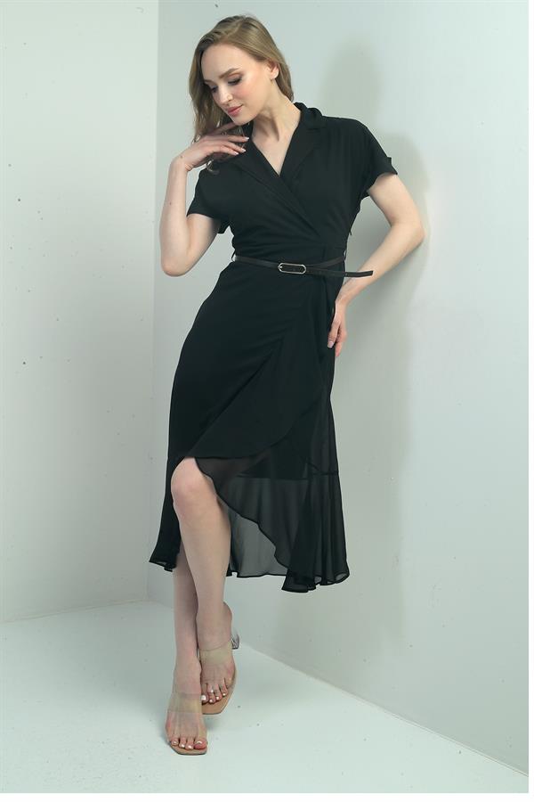 Robe portefeuille en mousseline doublée avec devant à volants