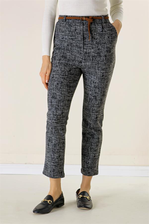 Beli Lastikli Kemerli Yandan Cepli Cam Kırığı Desen Dar Paça Pantolon