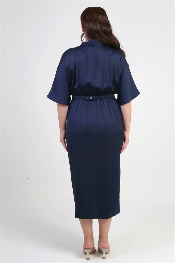 Women's Wrap Neck Short Batwing Sleeve Double Pleated Crepe Satin Plus Size Midi Designer Dress