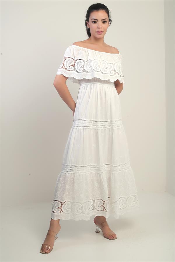 Women's Madonna Neckline Lined Long Dress with Lace Details and Embroidery