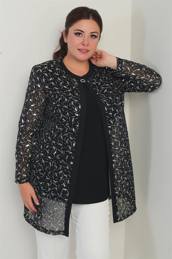 Kadın Uzun Kollu Likralı Bluz Yaldızlı Yaprak Baskılı Şifon Ceket Büyük Beden 2'li Takım
