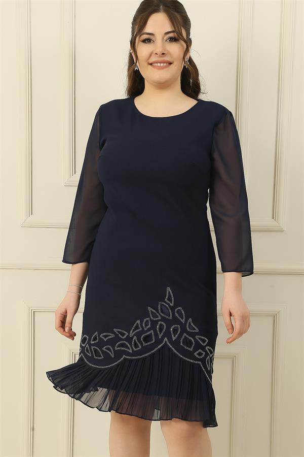 Plus Size Crepe Dress with Chiffon Pleats on Sleeves and Hem and Stone Embellishments
