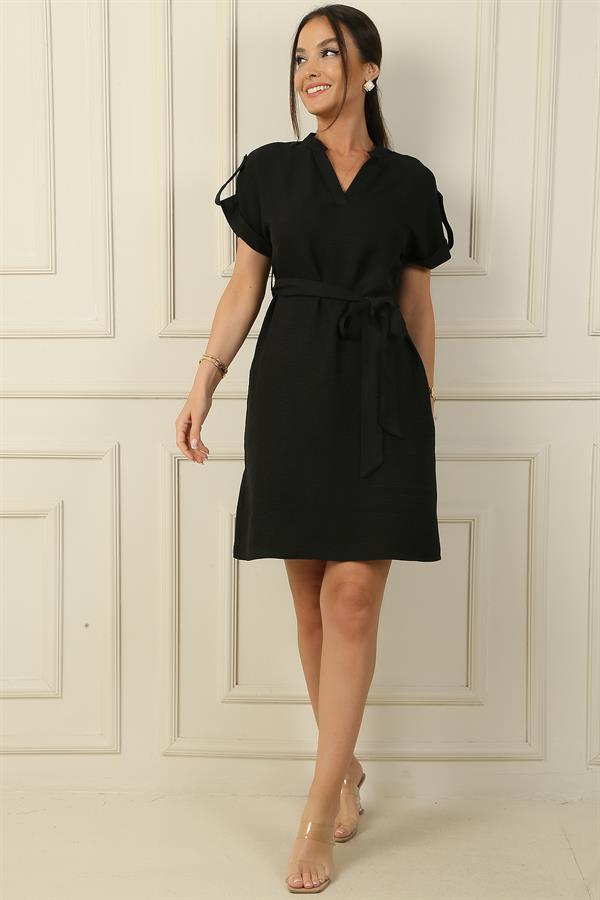 Belted Linen Effect Dress
