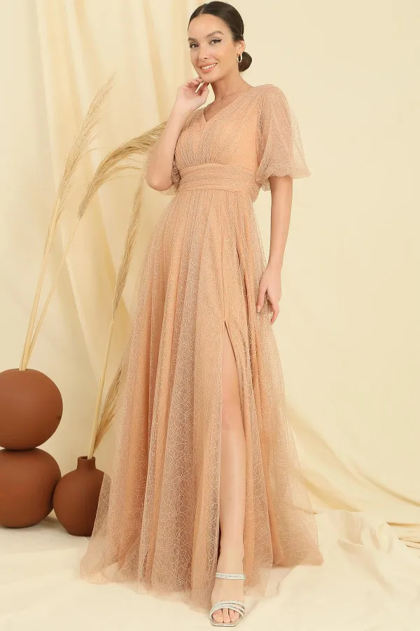 Robe longue en tissu dahlia pailleté à motif araignée, manches courtes ballon, devant et dos, col en V