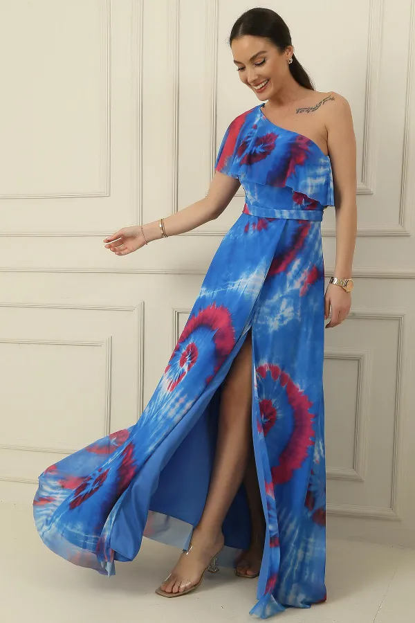 Tek Omuz Astarlı Yırtmaçlı Empirme Uzun Şifon Elbise