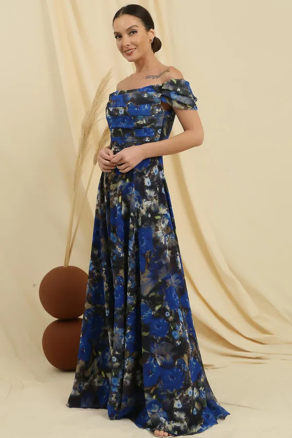 Madonna Collar Front Draped Lined Floral Patterned Long Chiffon Dress