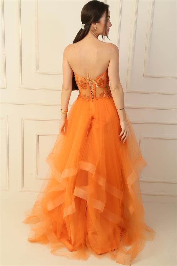 Long, Layered Tulle Taffeta Evening Dress with Beaded Embellishments