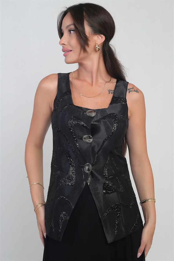 Gilet en jacquard doublé à col carré pour femme, avec boutons métalliques
