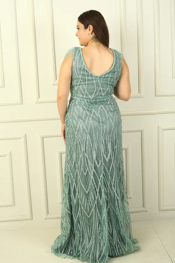 Women's Plus Size Long Dress with Tasseled Shoulders, Lined, and Embellished with Beads and Stones