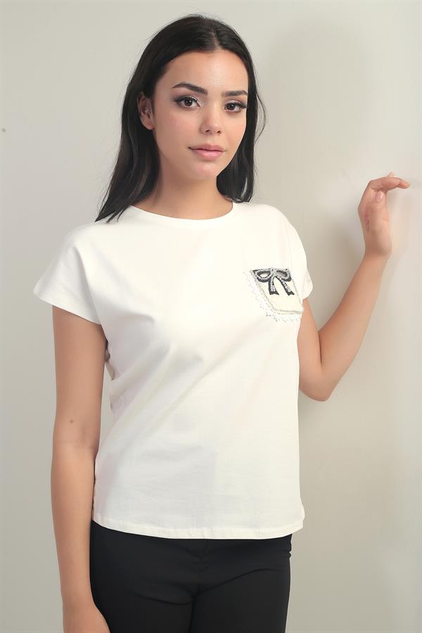 Women's Round Neck Short Sleeve Blouse with Pocket Detail and Lycra Fabric