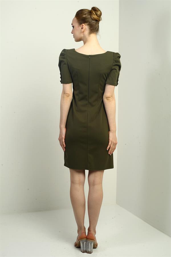Women's Boat Neck Dress with Buttoned Sleeves, Pleated, and Zipper Back