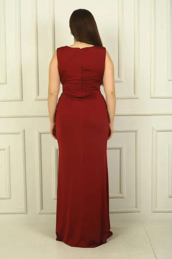 Kadın V Yaka Beli Tokalı Drapeli Astarlı Önü Yırtmaçlı Likralı Sandy Büyük Beden Uzun Elbise