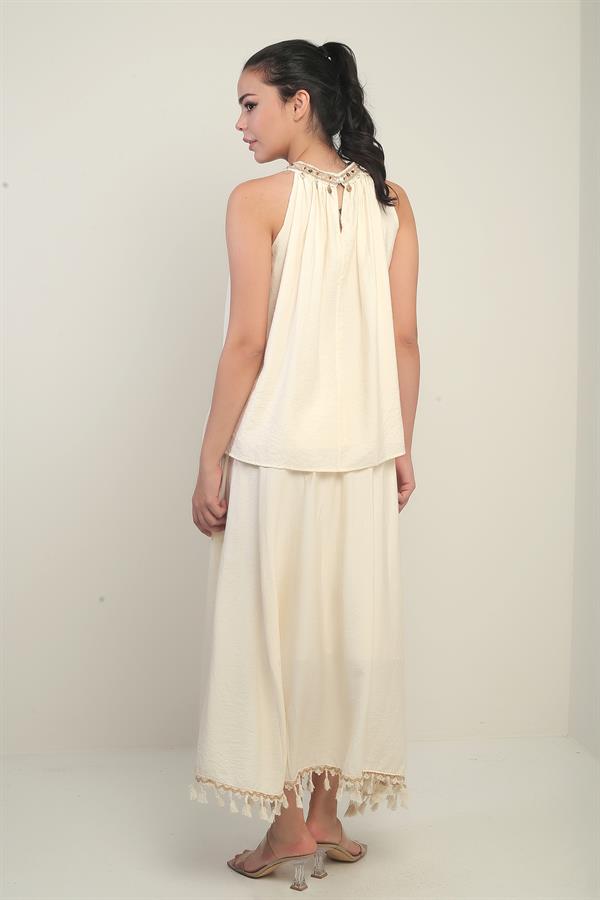 Women's Beaded Halter Neck Blouse and Elasticated Waist Lined Tassel Skirt 2-Piece Set