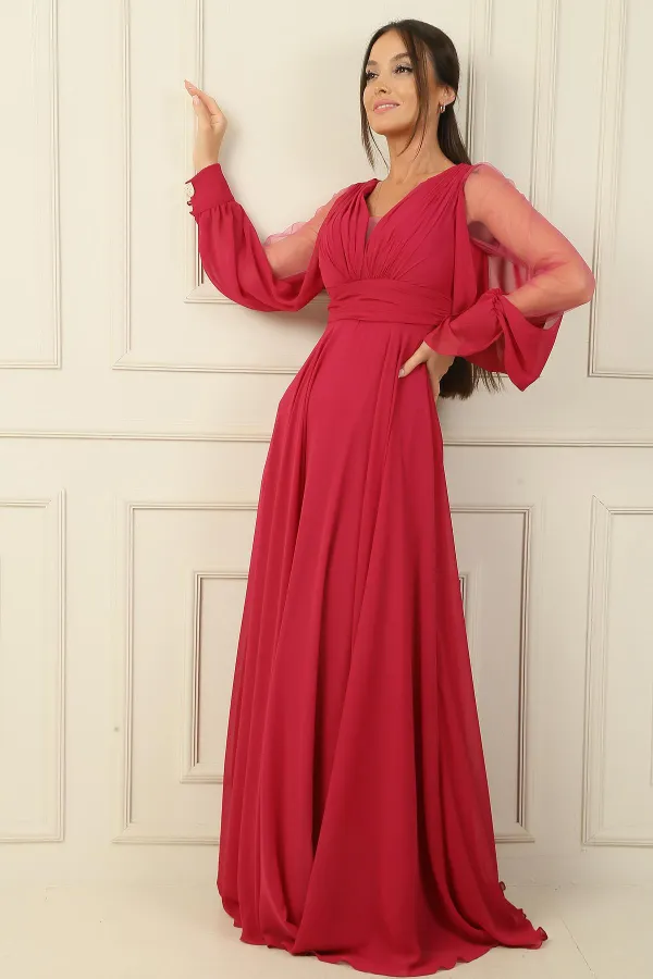 Front Back V Neck Draped Front Sleeves Tulle Lined Wide Body Long Chiffon Dress