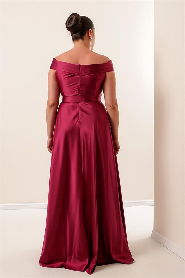 Madonna Neckline Belted Lined Slit Plus Size Long Satin Dress
