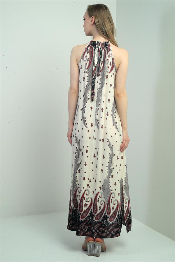 Women's Halter Neck Tie-Up Floral Print Long Dress with Pockets