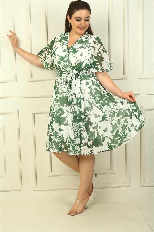 Women's Wrap Neckline Ruffled Sleeve Lined Belted Plus Size Chiffon Dress with Large Roses