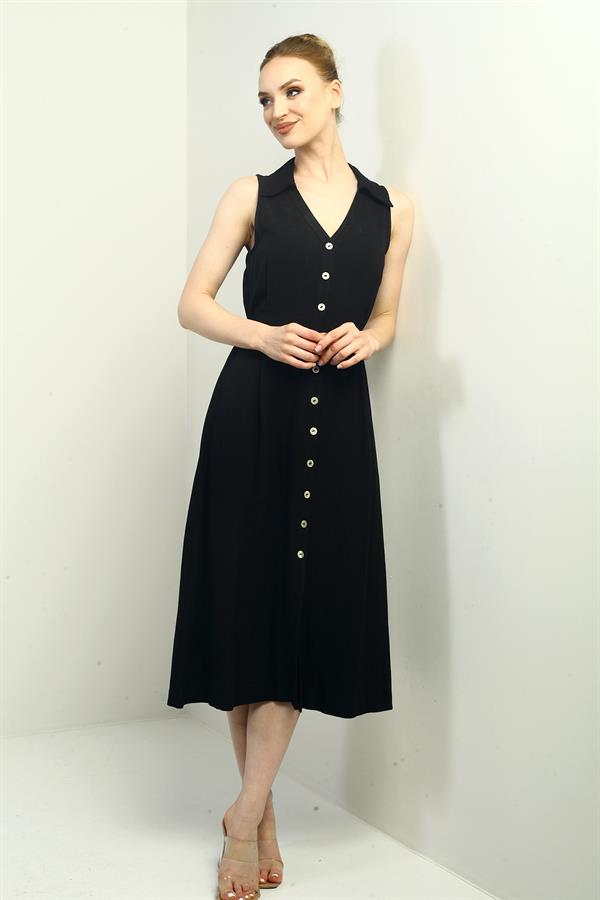 Robe midi en lin à col polo pour femme, ornée d'un pli sur le devant et de boutons.