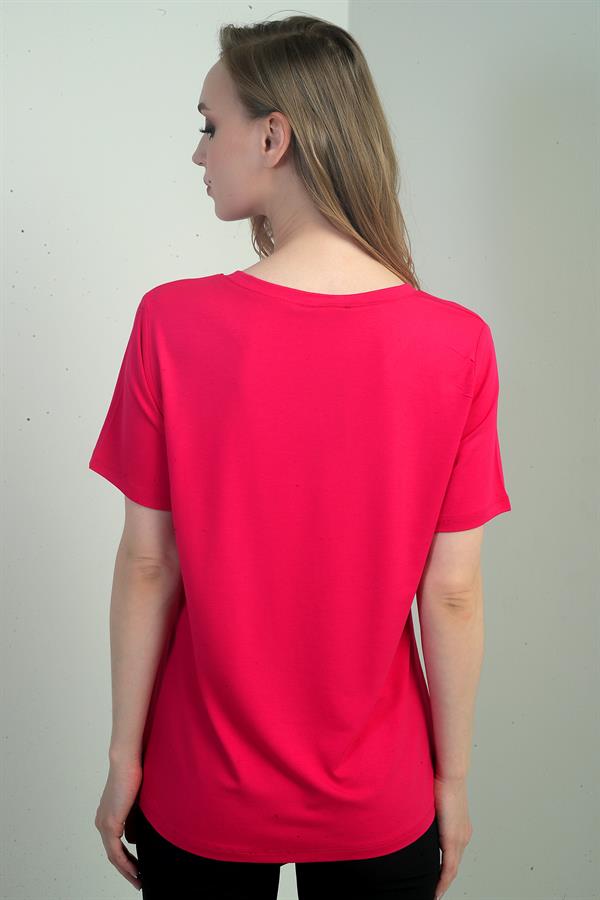 Kadın Yakası Simli V Yaka Kısa Kol Bluz