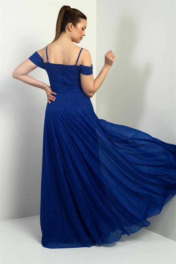 Women's Long Glittery Dress with Rope Straps and Flared Skirt