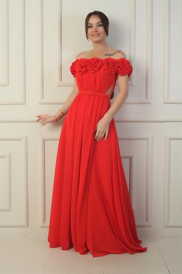 Kadın Yakası Lazer Kesim Çiçek Astarlı Beli Kemerli Uzun Şifon Elbise