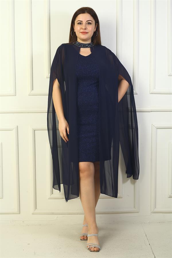 Kadın V Yaka Astarlı Üstü Şifon Pelerinli Büyük Beden  Simli Elbise