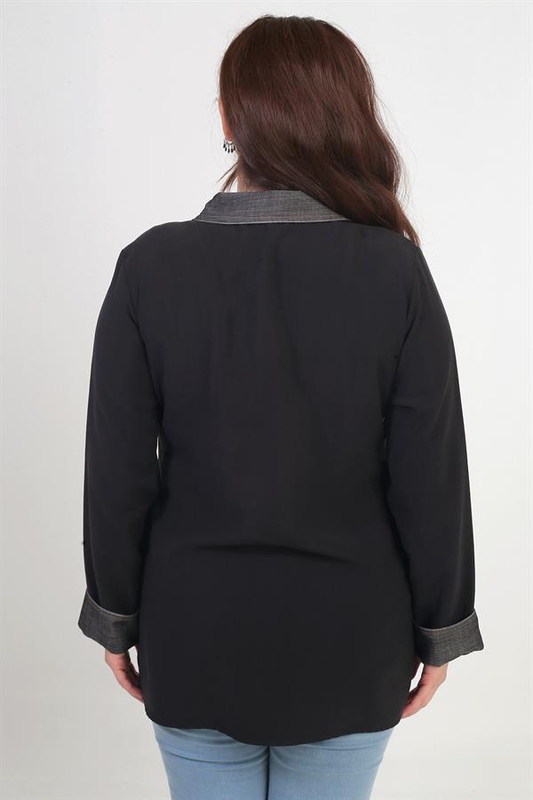 Kadın Önü Nakış İşlemeli Kot Aplikeli Büyük Beden Lyocell Gömlek