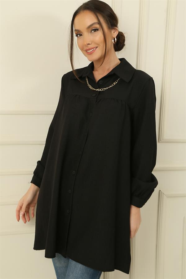 Önü Robalı Zincir Kolyeli Büzgülü Gömlek