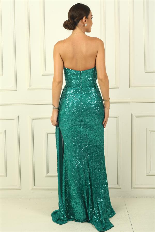 Robe longue bustier à sequins doublée et drapée sur le devant