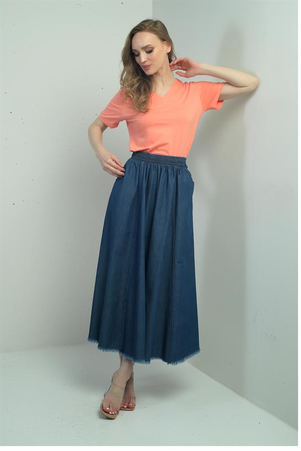Women's Elastic Waist, Side Pockets, Fringed Hem, Slim Denim Long Skirt